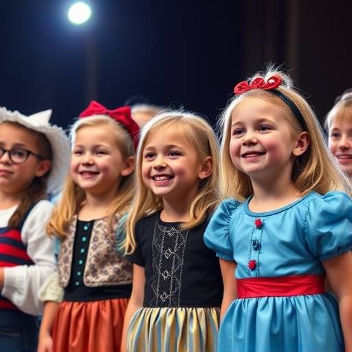 Enfants riant et jouant sur scène lors d'un cours de théâtre, déguisés en différents personnages