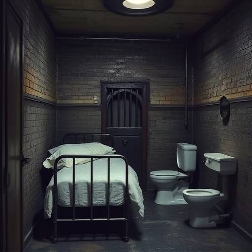 Fotografía de una celda del siglo XIX con una cama de hierro y un inodoro rudimentario.