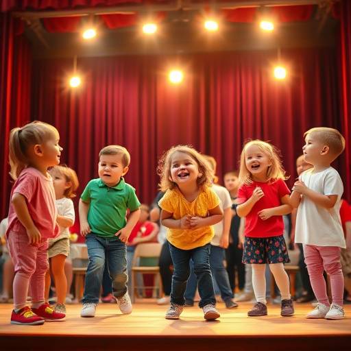 Image d'un cours de théâtre pour enfants avec des enfants riant et jouant sur scène