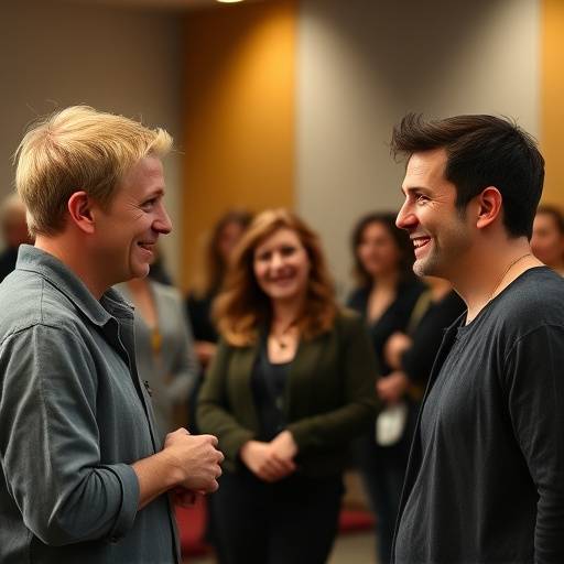 Participants souriants à un cours d'initiation au théâtre, travaillant sur une scène d'improvisation