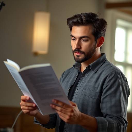 Un acteur se préparant pour une audition, révisant son texte avec concentration