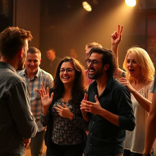 Un groupe de personnes improvisant une scène de théâtre avec enthousiasme et créativité